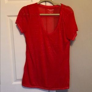 Pink/red vneck short sleeve shirt